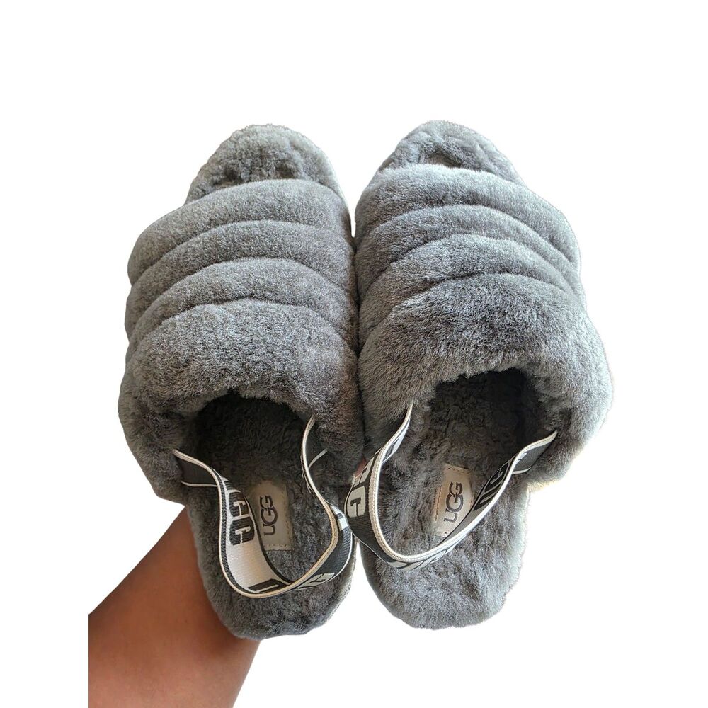 UGG Fluff Yeah Slide Slipper Sandals Charcoal Grey Fluffy Slingback Size 8